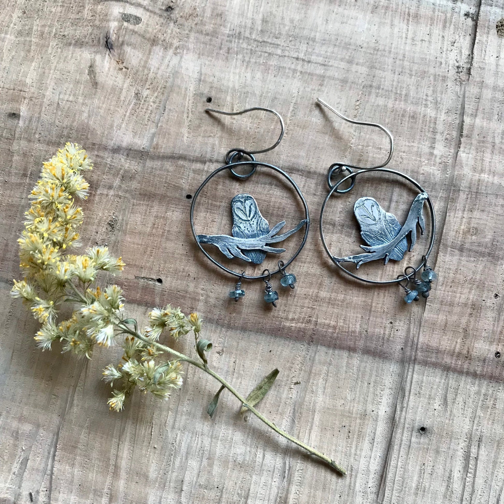 Barn owl earrings handmade sterling silver bird jewelry moss aquamarine rainbow moonstone metalsmith handmade woodland inspired