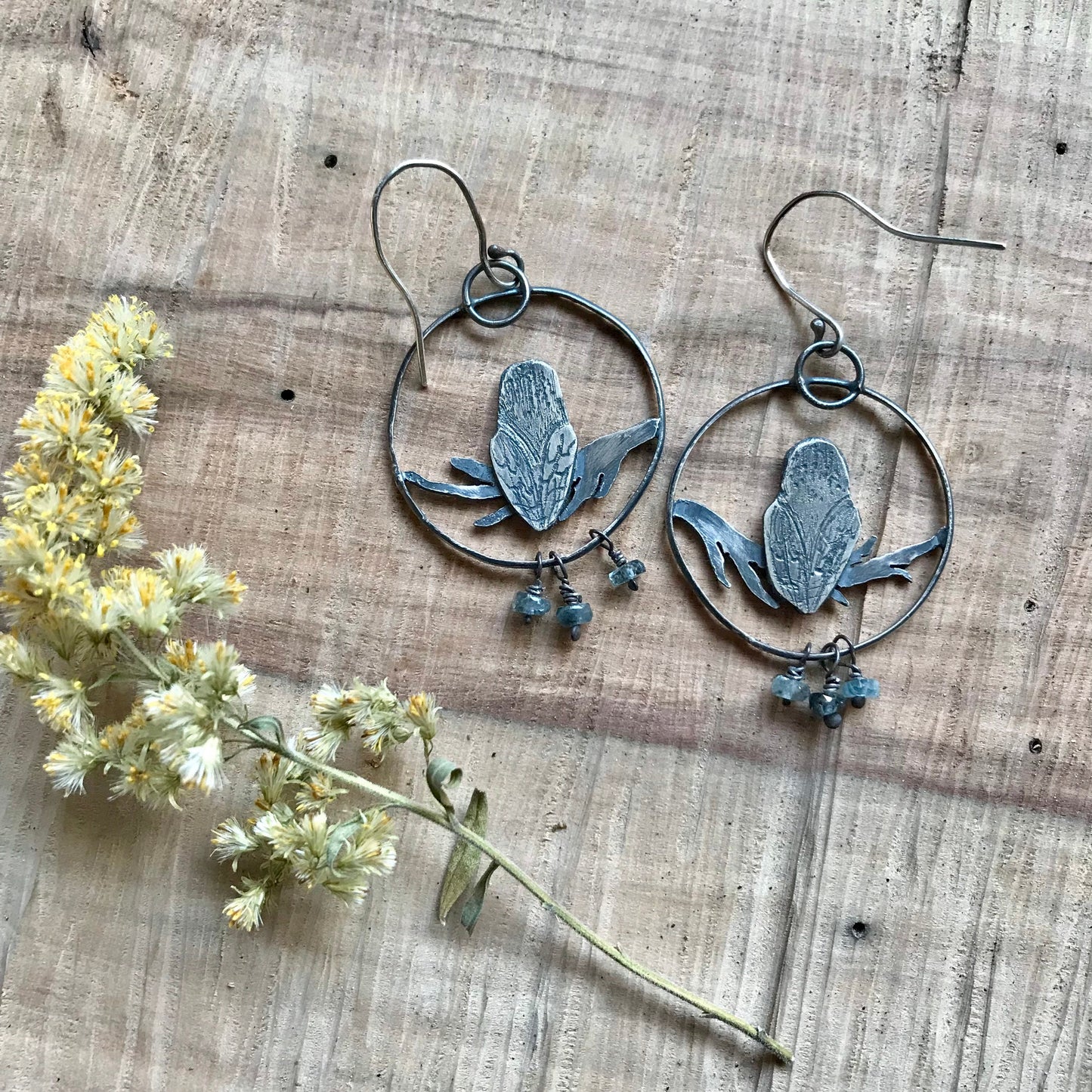 Barn owl earrings handmade sterling silver bird jewelry moss aquamarine rainbow moonstone metalsmith handmade woodland inspired