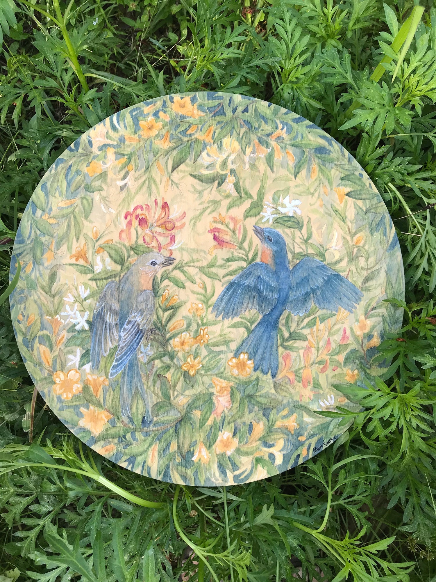 Bluebirds in Spring original watercolor round painting wooden panel painting art flower garden forest