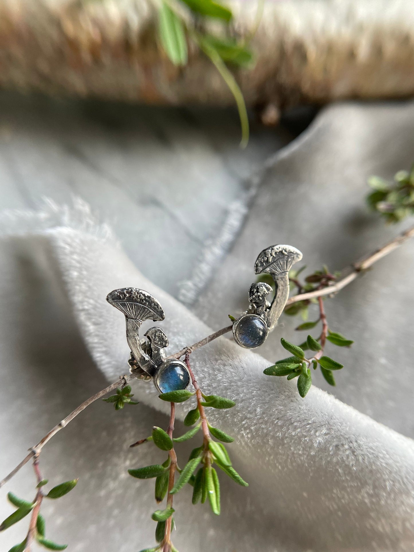 Mushroom climber earrings labradorite sterling silver with choice of gemstone- metalsmith made