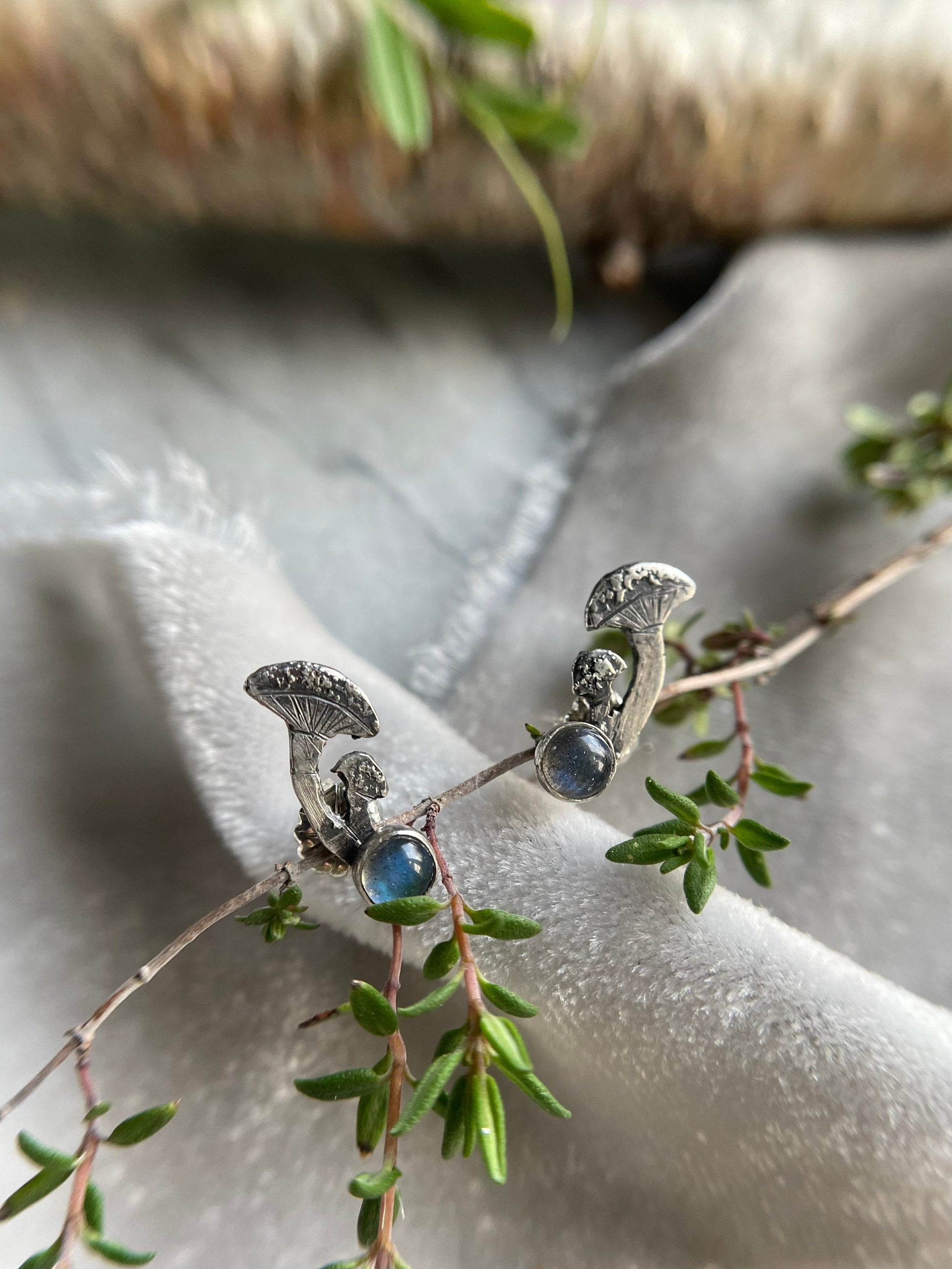 Mushroom climber earrings labradorite sterling silver with choice of gemstone- metalsmith made