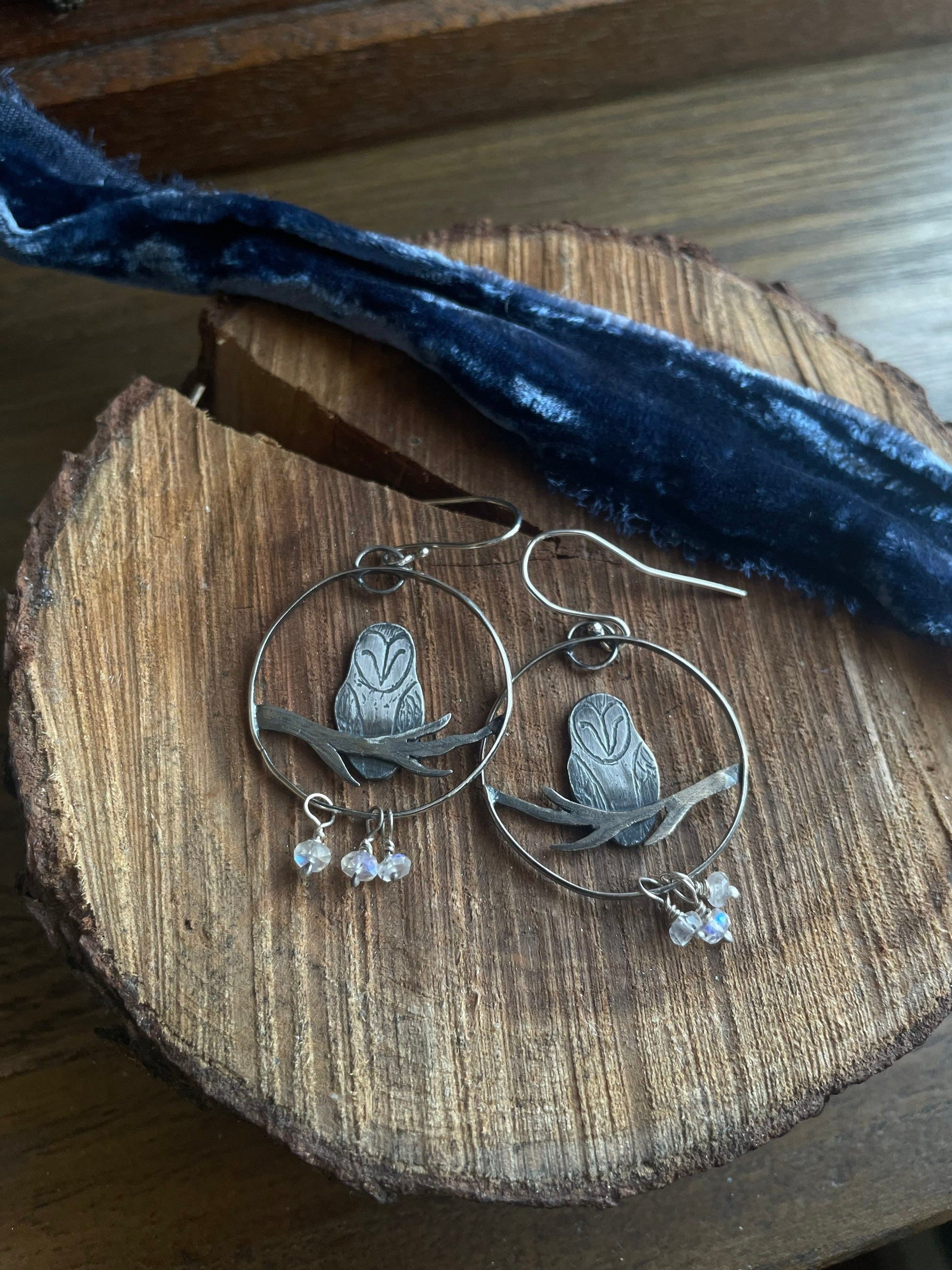 Barn owl earrings handmade sterling silver bird jewelry moss aquamarine rainbow moonstone metalsmith handmade woodland inspired