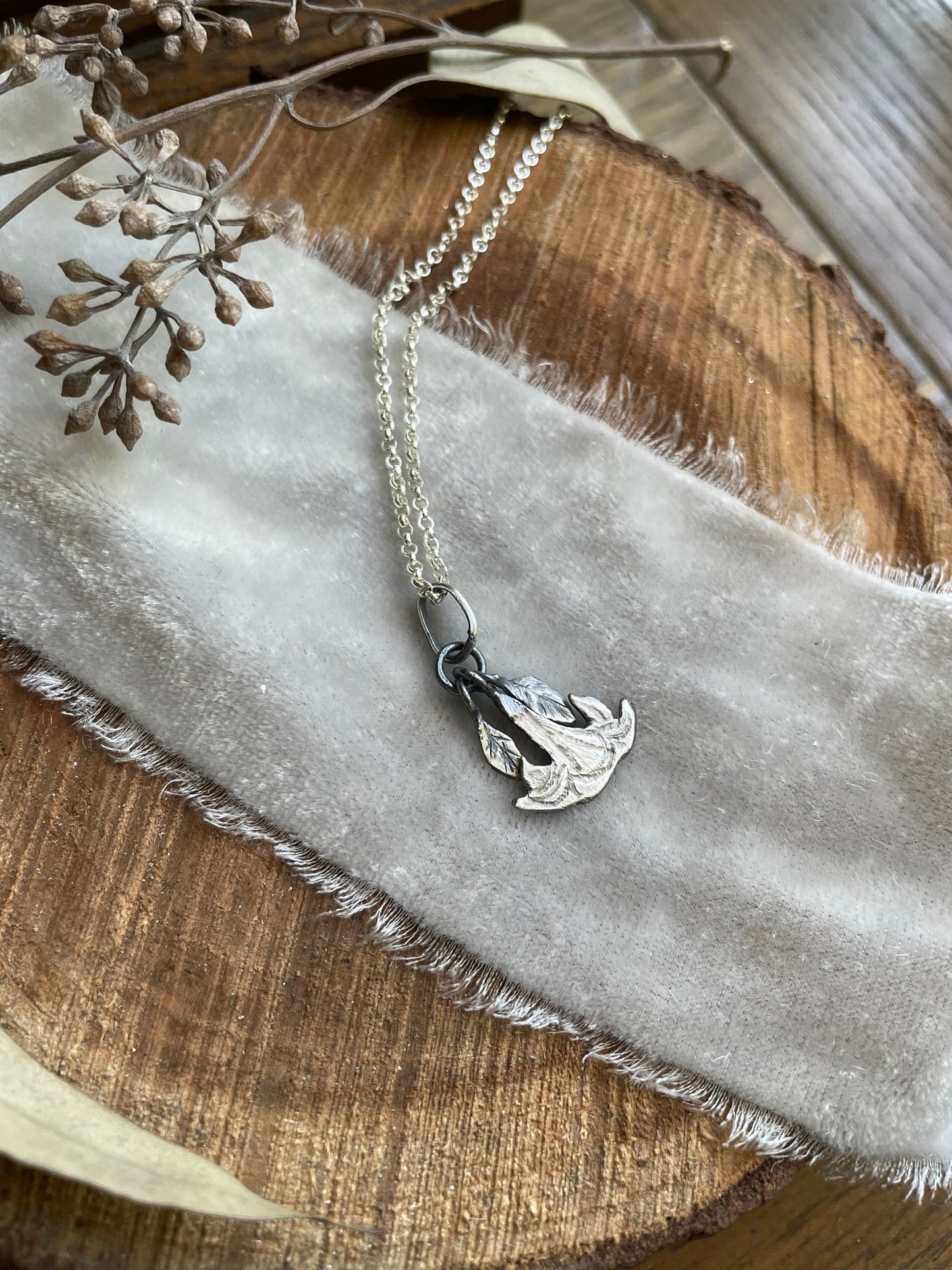 Datura moonflower necklace sterling silver night flower leaf jewelry nature metalsmith made delicate jewelry