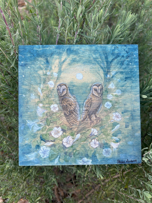 Original painting Barn owls in tree of moonflowers watercolor painting on wood original art