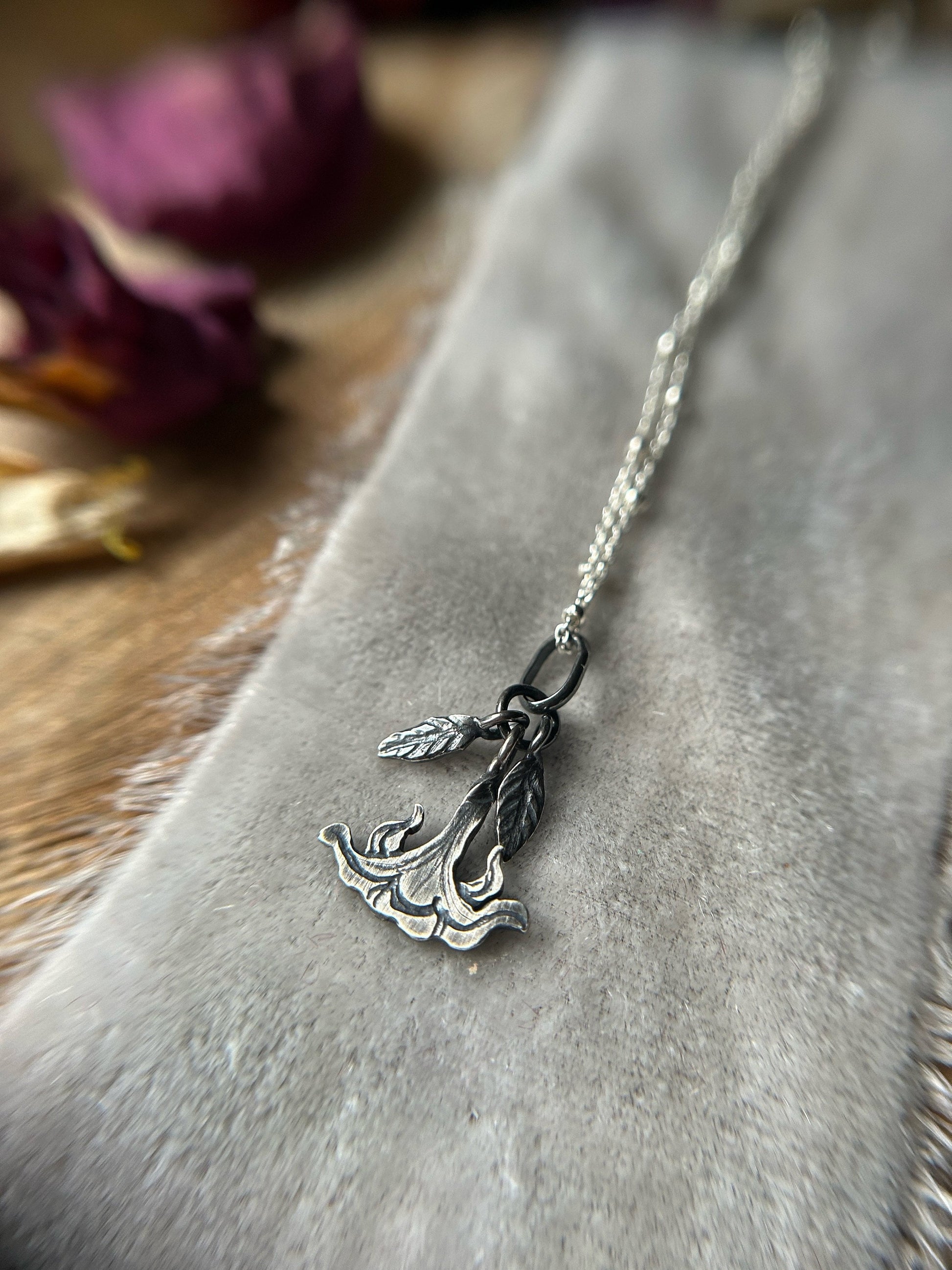 Datura moonflower necklace sterling silver night flower leaf jewelry nature metalsmith made delicate jewelry