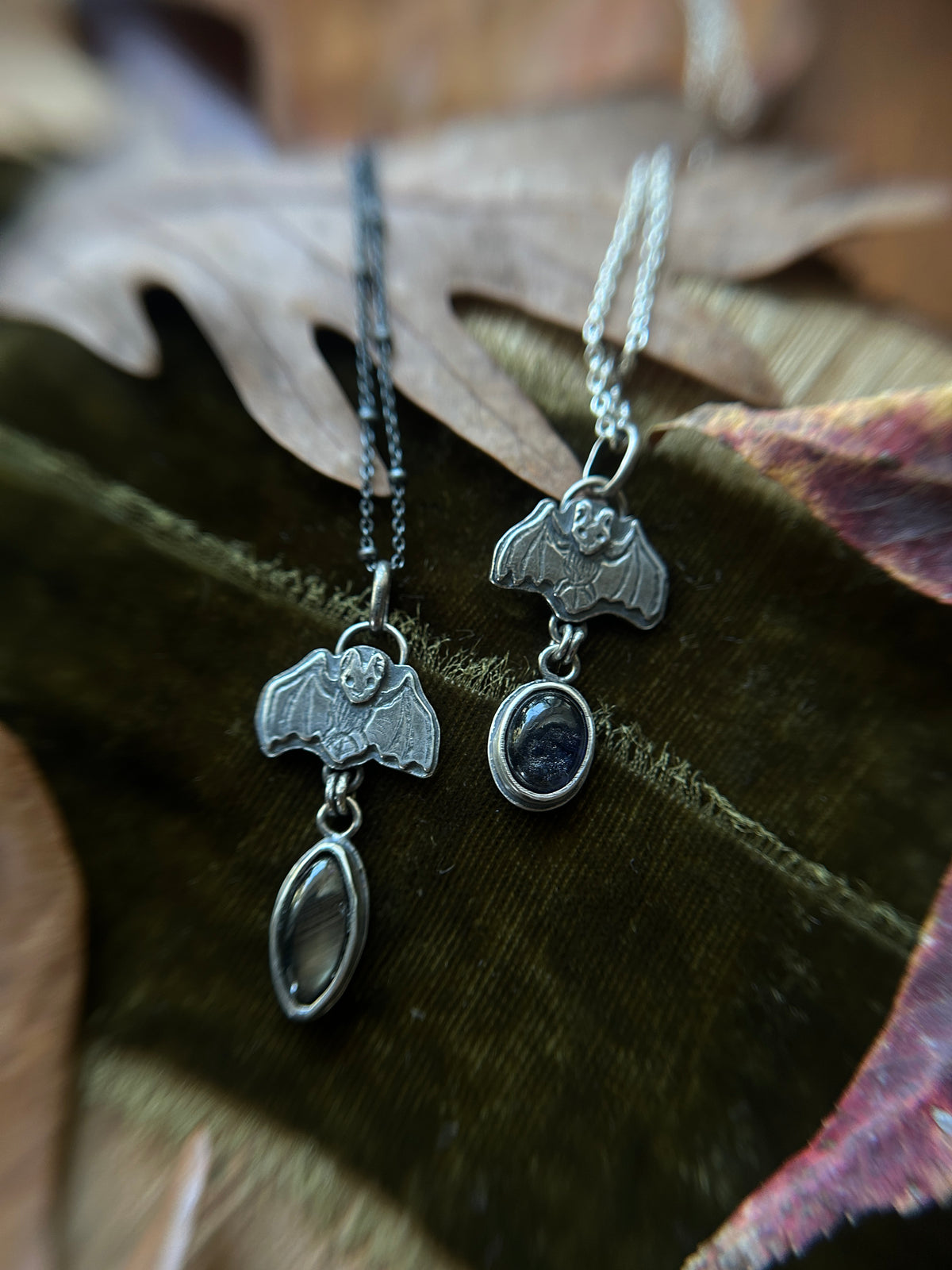 Bat Necklace with choice of gemstones- sterling silver jewelry