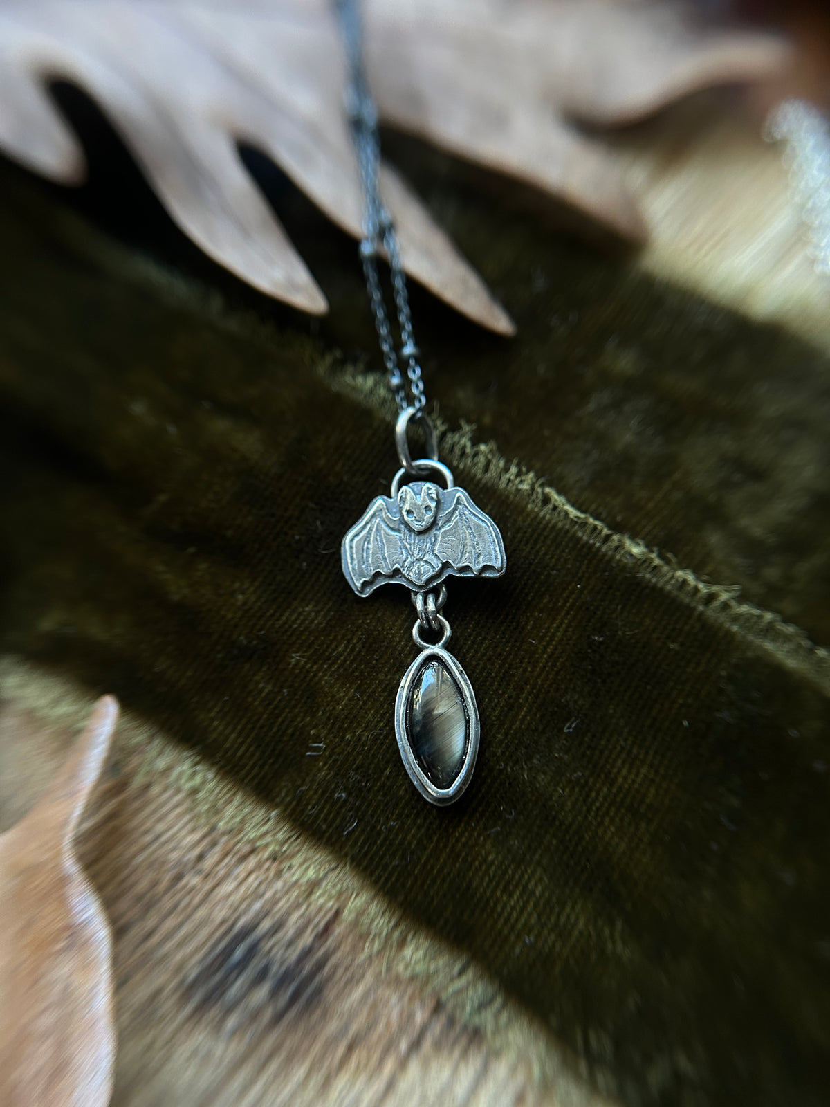 Bat Necklace with choice of gemstones- sterling silver jewelry