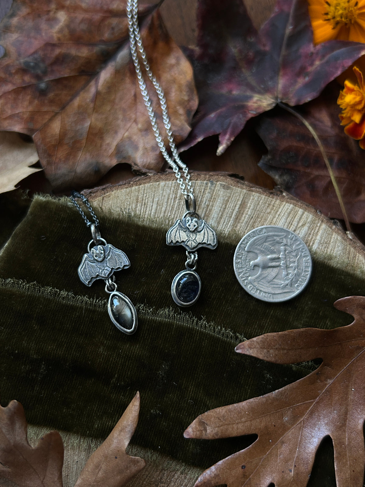 Bat Necklace with choice of gemstones- sterling silver jewelry