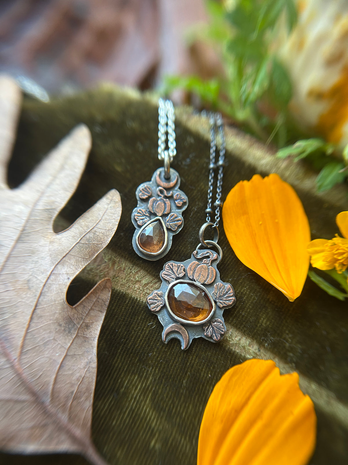 Pumpkin Moon Zircon or Hessonite Garnet Necklace with copper pumpkin details- sterling silver jewelry