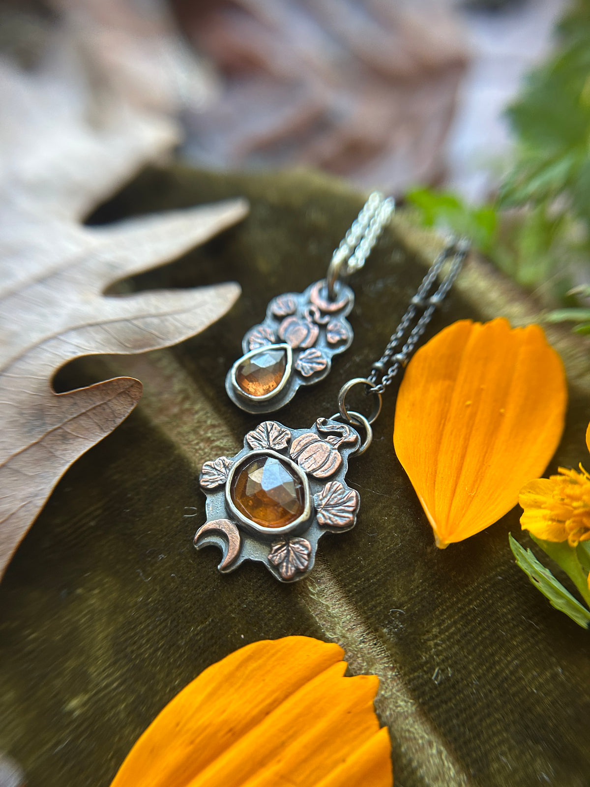 Pumpkin Moon Zircon or Hessonite Garnet Necklace with copper pumpkin details- sterling silver jewelry