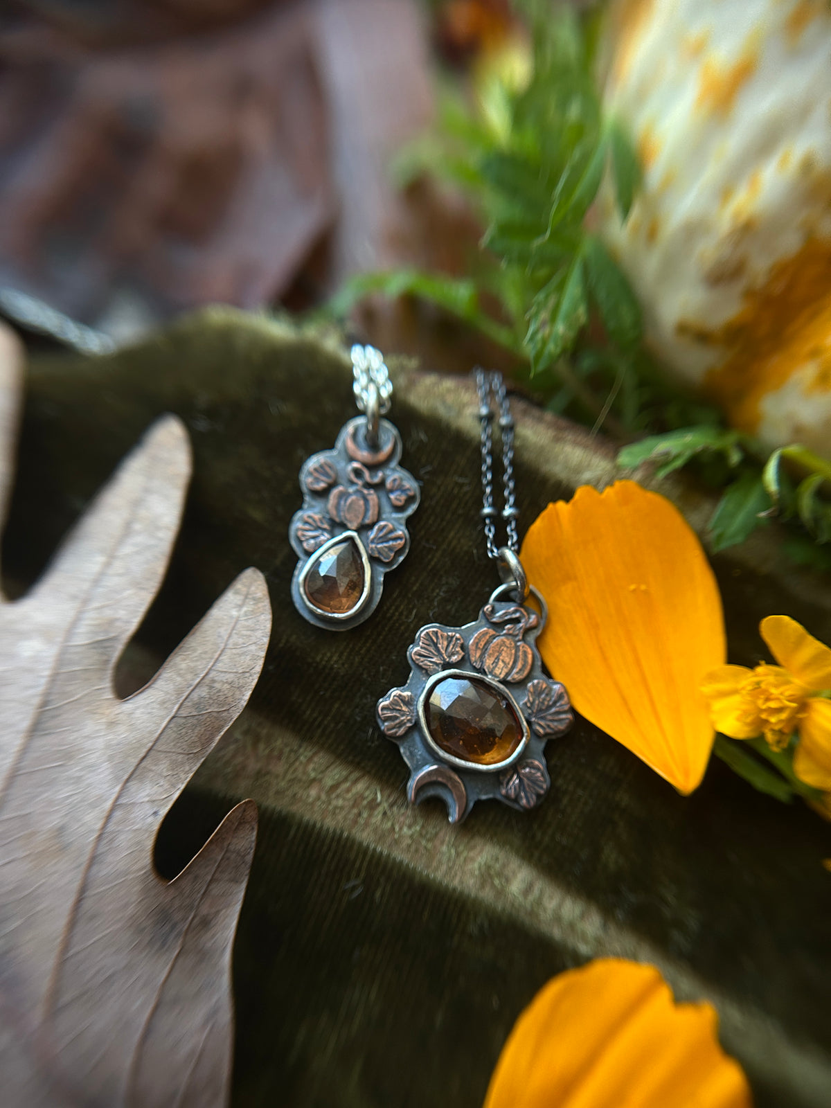 Pumpkin Moon Zircon or Hessonite Garnet Necklace with copper pumpkin details- sterling silver jewelry