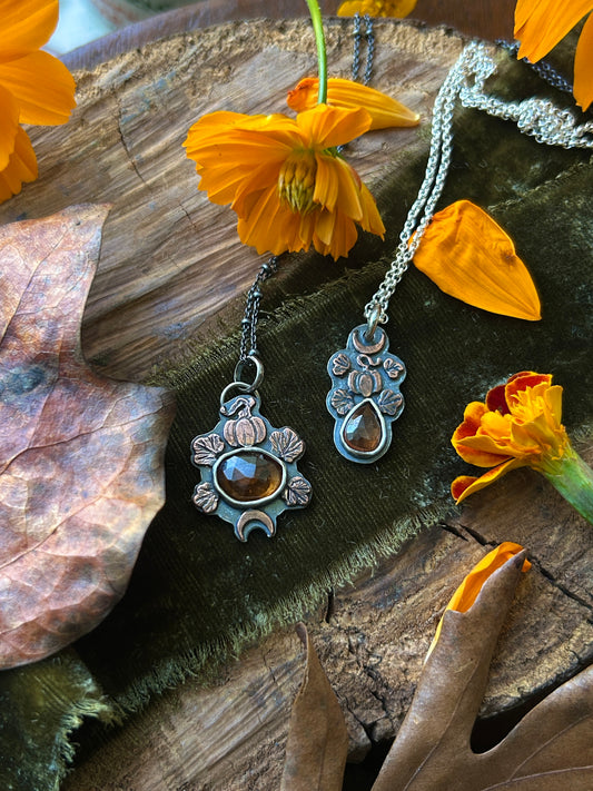 Pumpkin Moon Zircon or Hessonite Garnet Necklace with copper pumpkin details- sterling silver jewelry