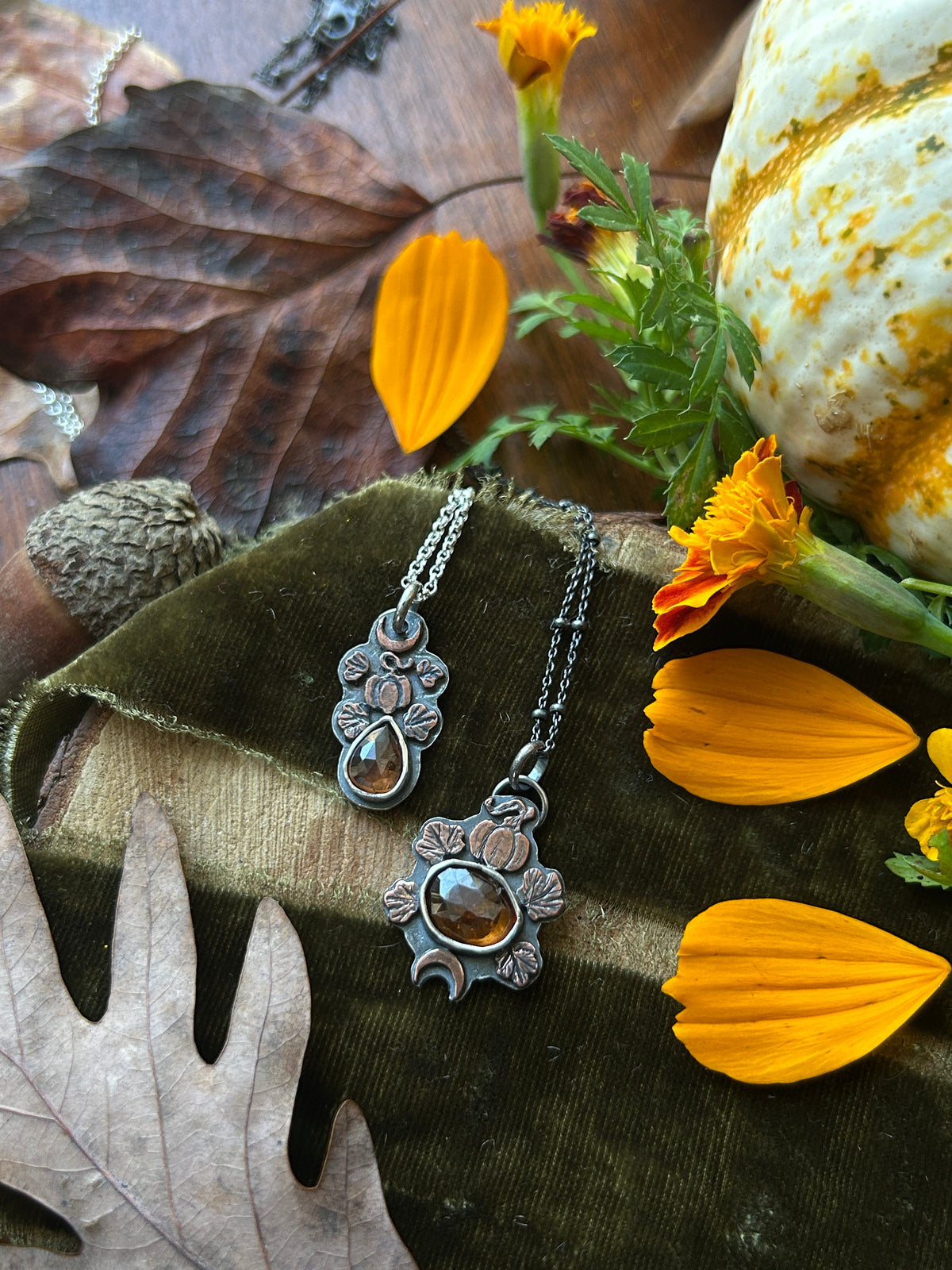 Pumpkin Moon Zircon or Hessonite Garnet Necklace with copper pumpkin details- sterling silver jewelry