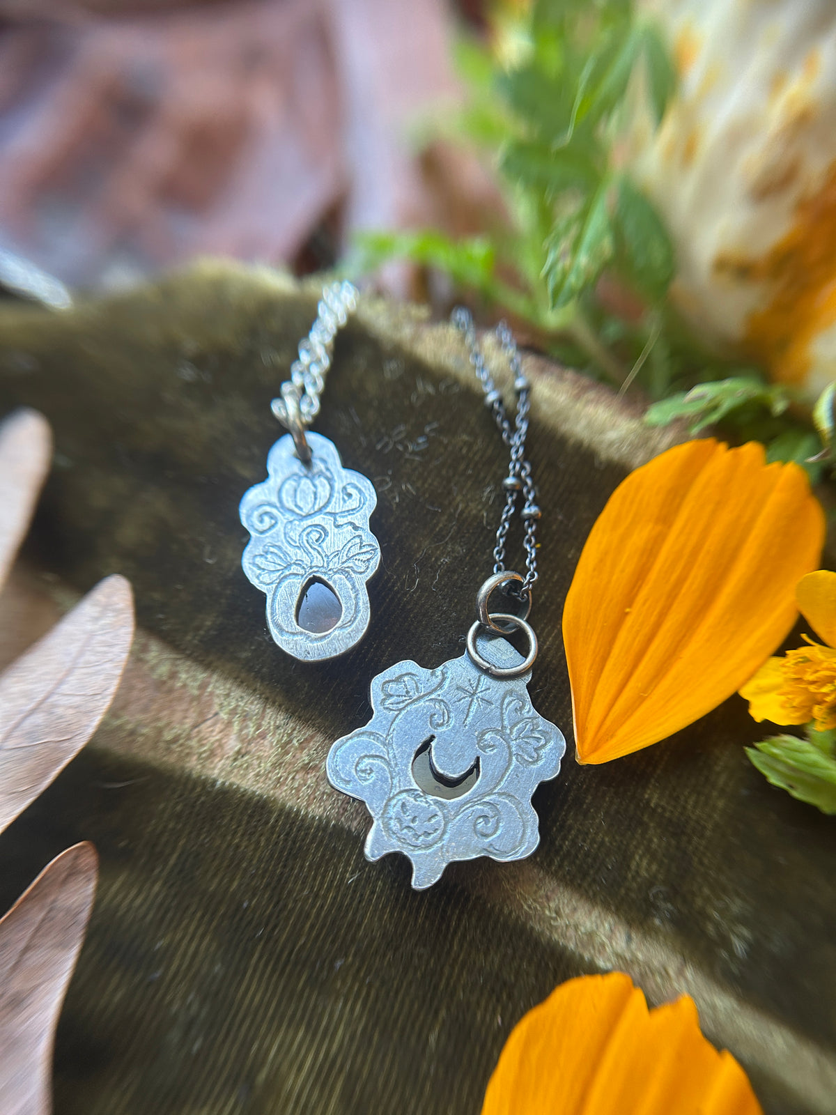 Pumpkin Moon Zircon or Hessonite Garnet Necklace with copper pumpkin details- sterling silver jewelry