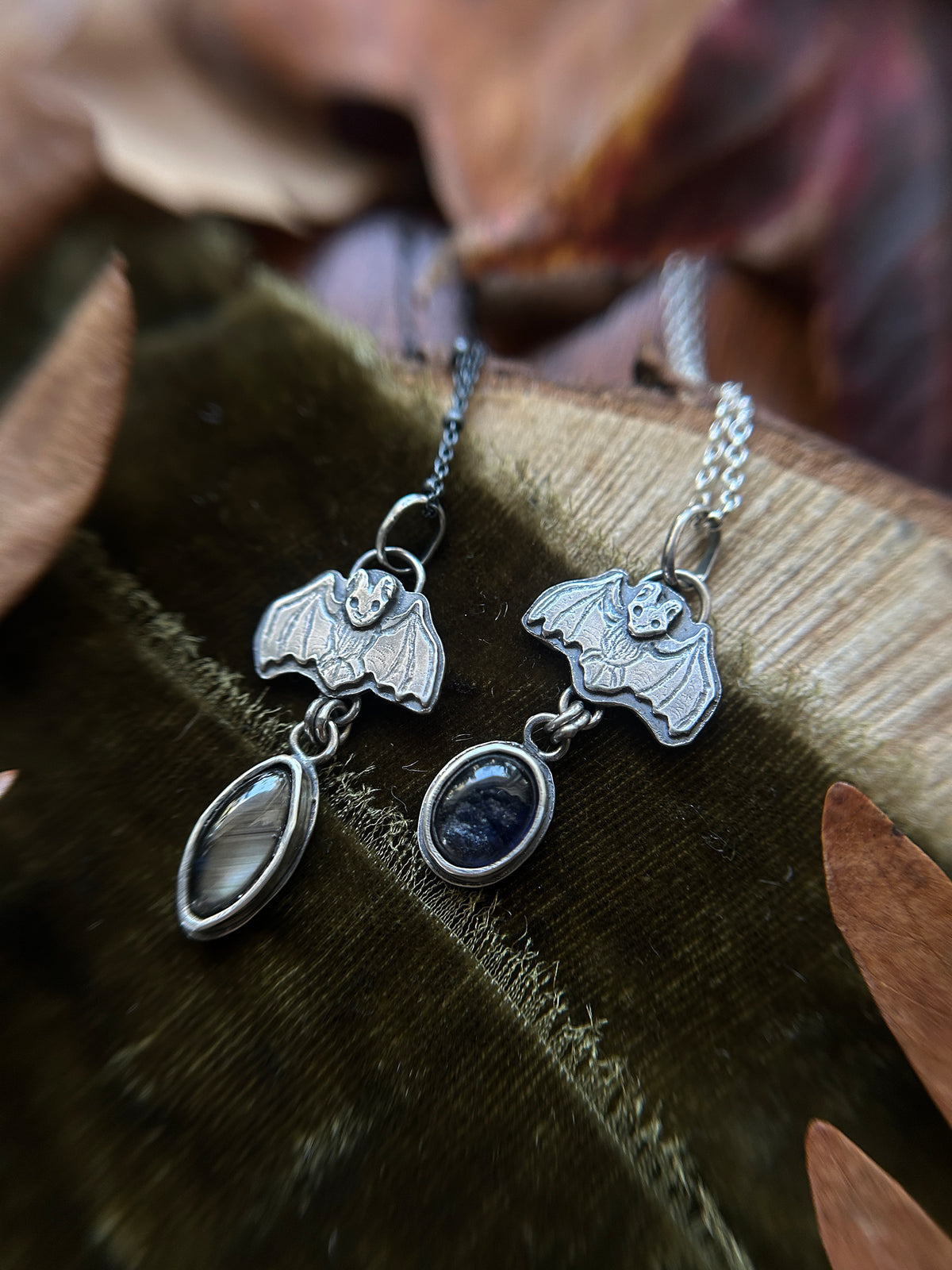 Bat Necklace with choice of gemstones- sterling silver jewelry