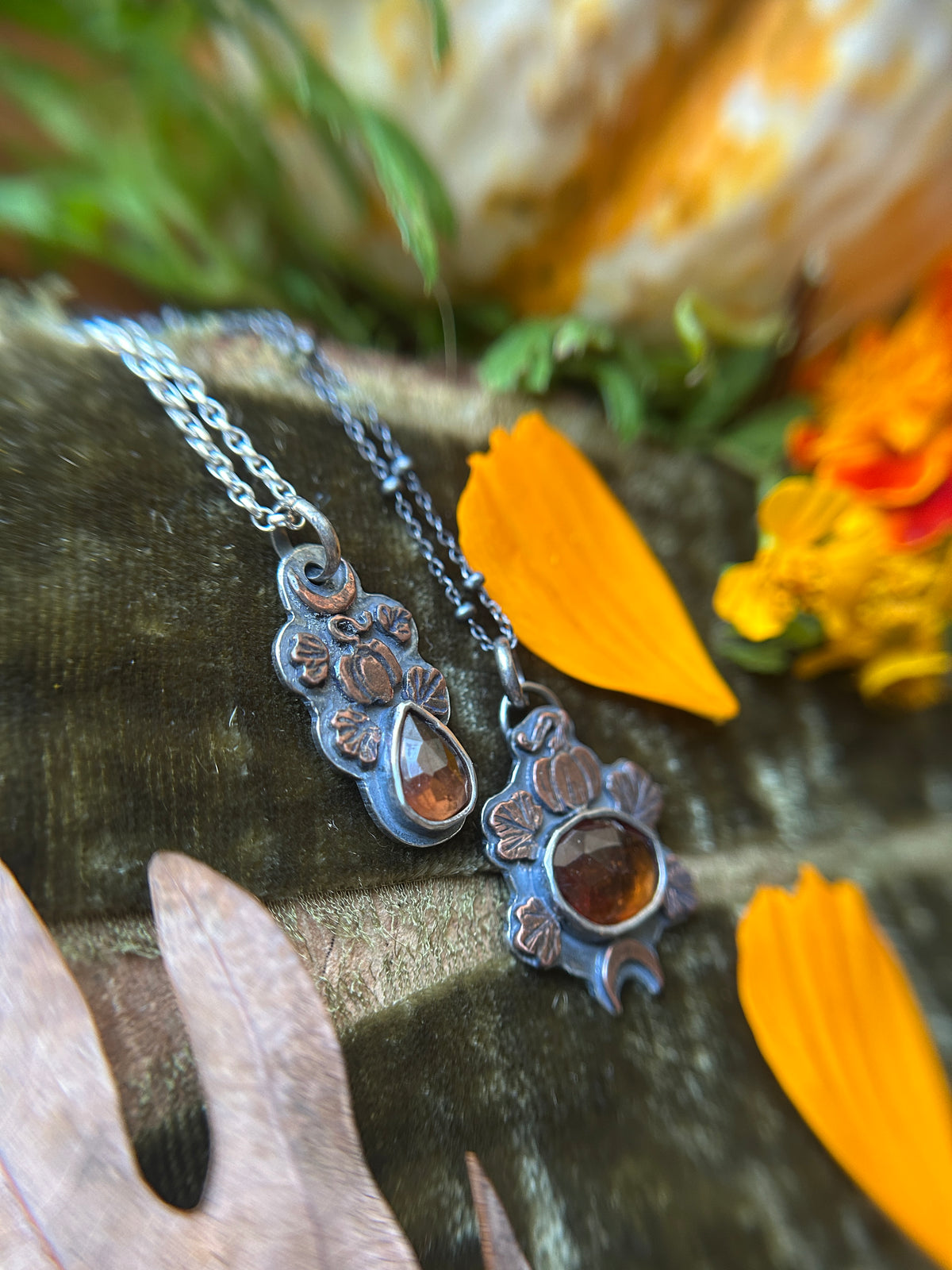 Pumpkin Moon Zircon or Hessonite Garnet Necklace with copper pumpkin details- sterling silver jewelry