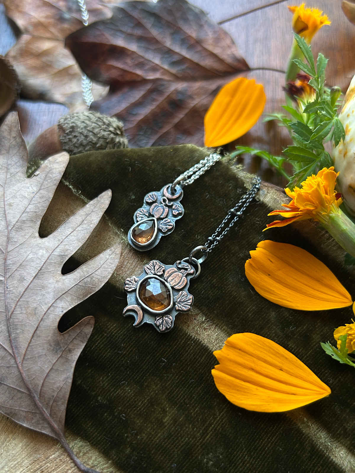 Pumpkin Moon Zircon or Hessonite Garnet Necklace with copper pumpkin details- sterling silver jewelry