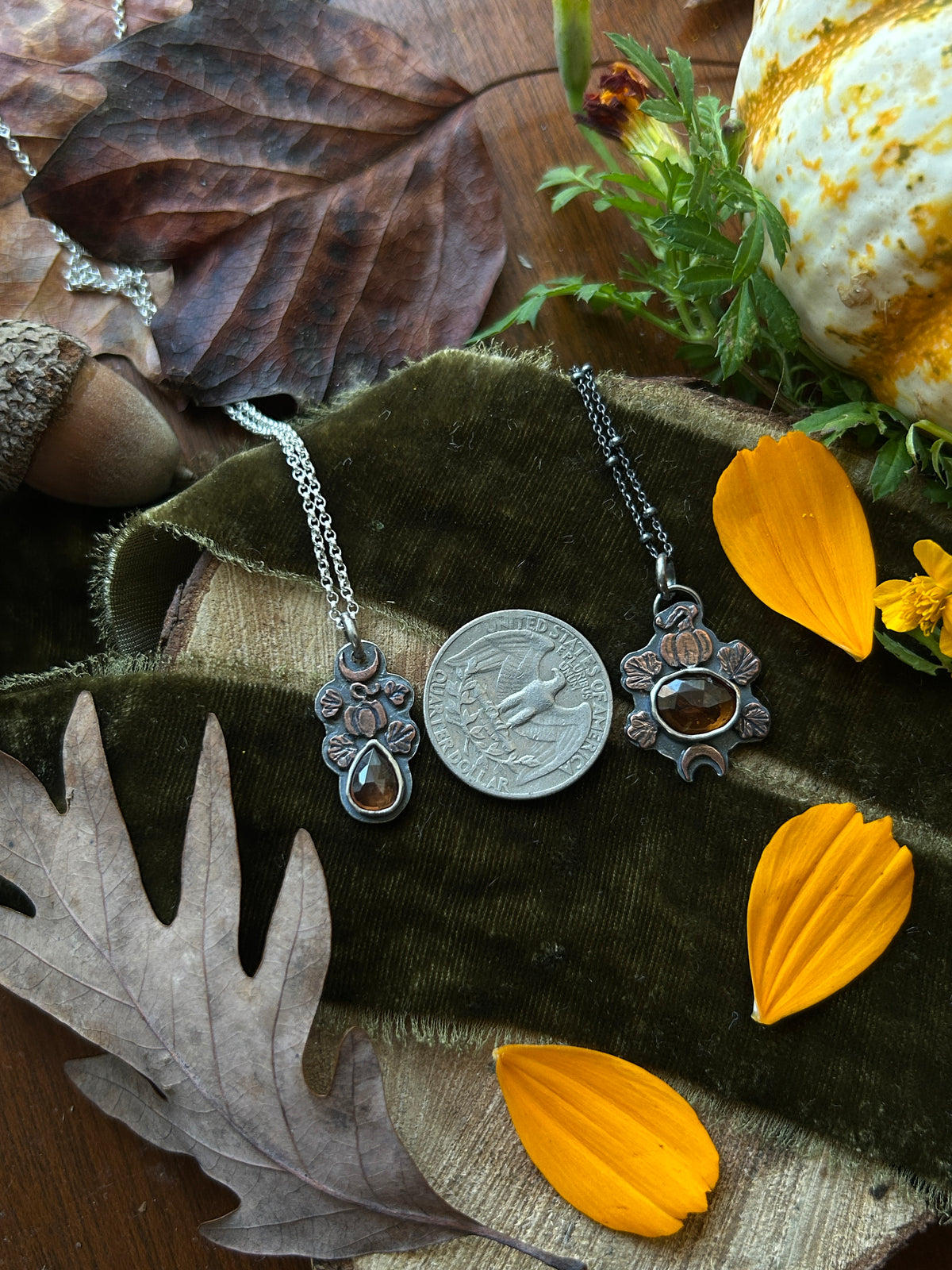 Pumpkin Moon Zircon or Hessonite Garnet Necklace with copper pumpkin details- sterling silver jewelry