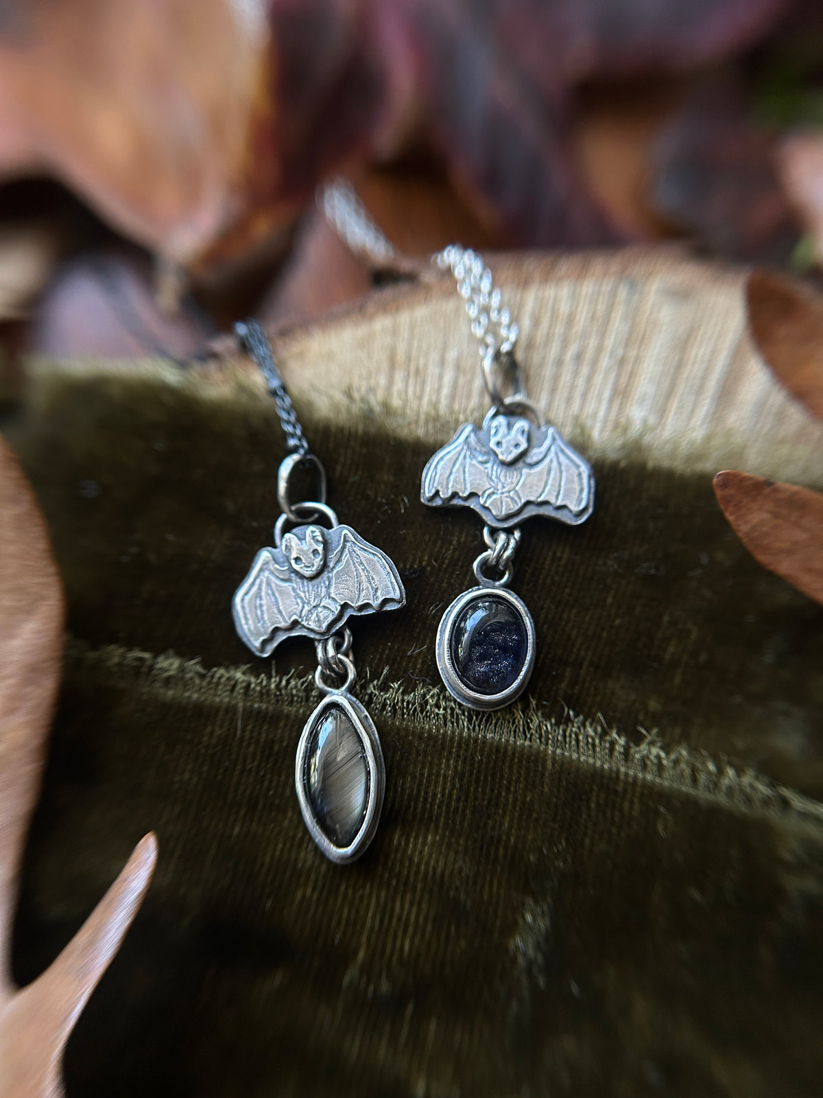 Bat Necklace with choice of gemstones- sterling silver jewelry