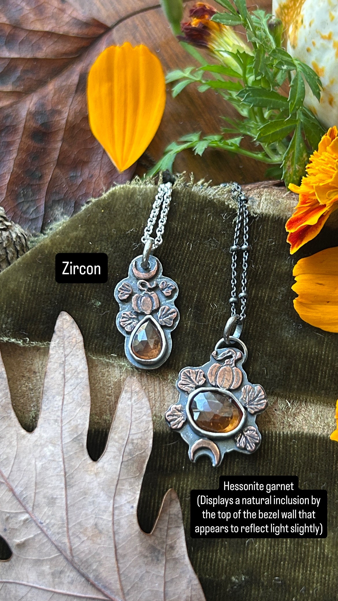 Pumpkin Moon Zircon or Hessonite Garnet Necklace with copper pumpkin details- sterling silver jewelry
