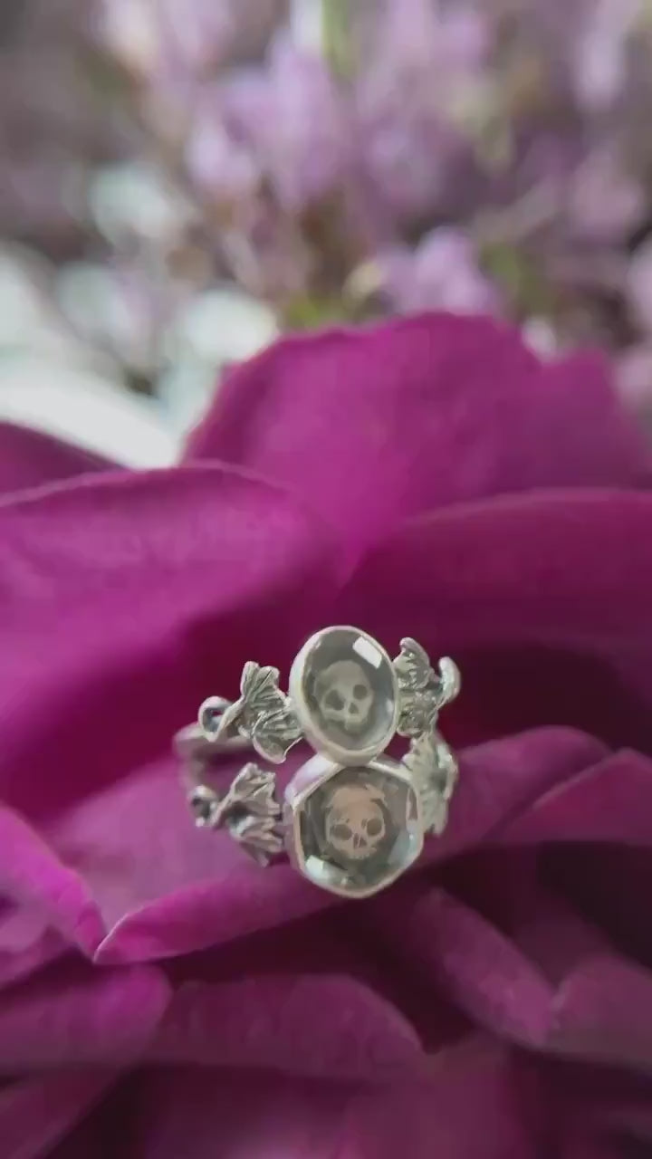 Quartz skull with ivy ring memento mori sterling silver handmade ring skull under stone silversmith